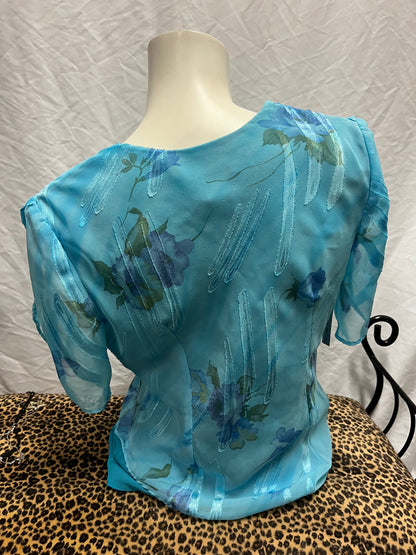 M - Fitted 90s Blue Floral Sheer Overlay Blouse