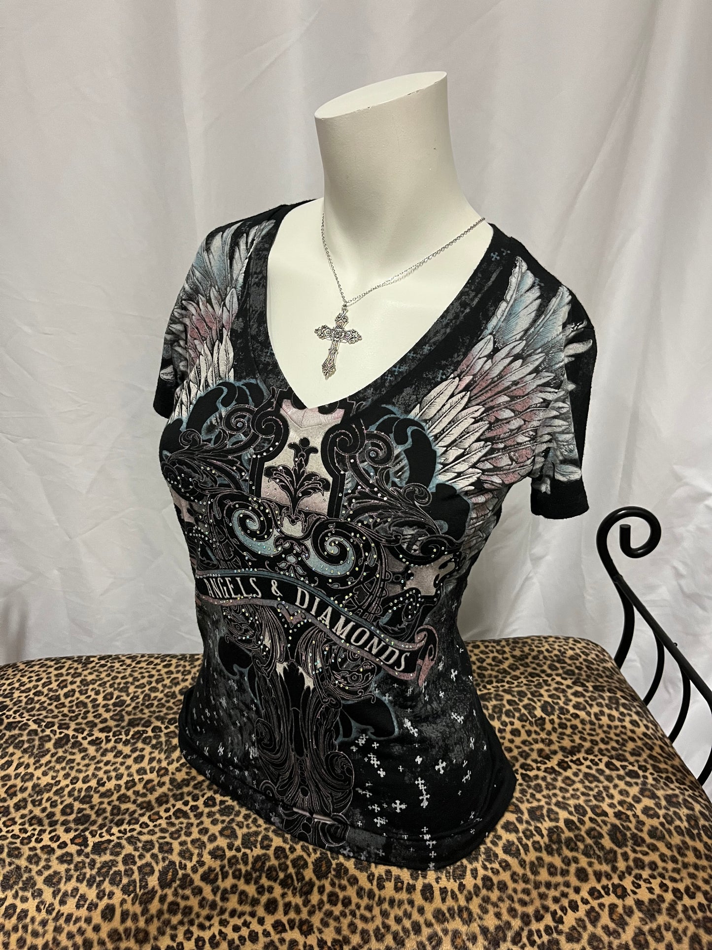 M - Angels & Diamonds Rhinestone AOP Graphic Top