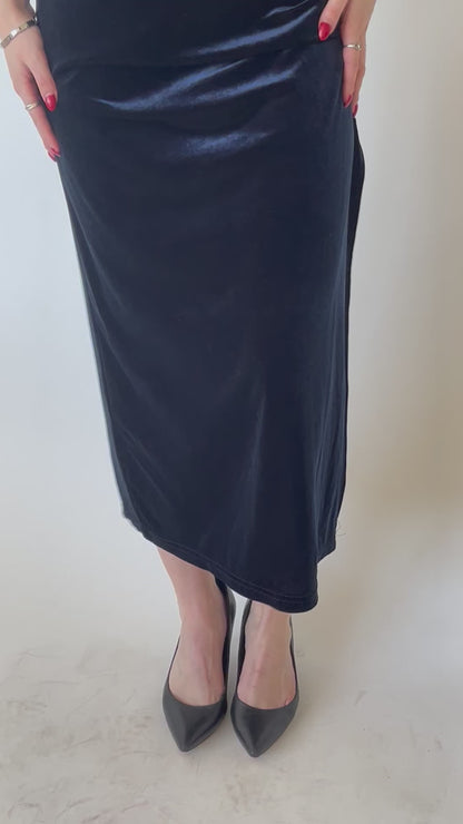 90s Dark Blue Velvet Halter Maxi Dress