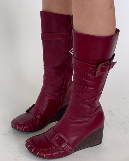 Broadway Red Leather Wedge Buckle Boot